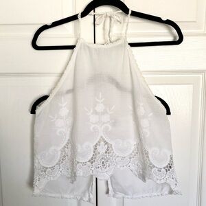 White TOBI Crochet Halter Open Back Crop Top Size M